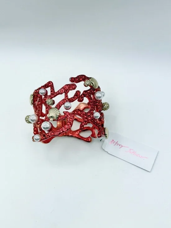 Betsey Johnson Red Orange Gold Coral Cuff hinged Bracelet with Pearls