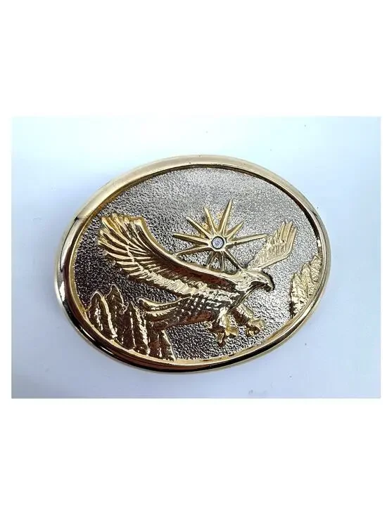 Vintage Eagle Rhinestone Belt Buckle Gold Tone Western Americana Mountain