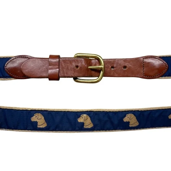 Vintage Surcingle Belt Navy Tan Canvas Leather Lab Dog Head Embroidery Size 42