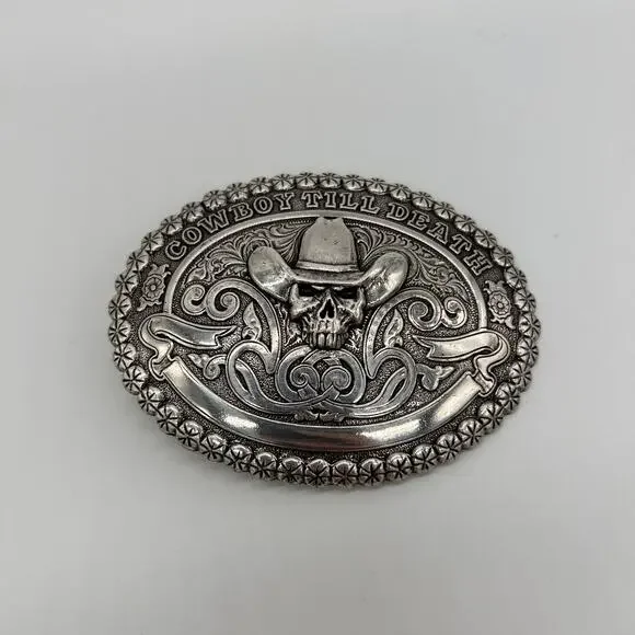 Cowboy Till Death Western Skull Belt Buckle Silver Tone Crumrine Floral Men's