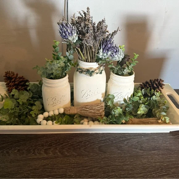 Rustic Cream Mason Jar Set with Lavender and Greenery