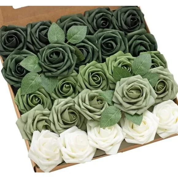 25 Count | Green Olive Tones & White  Artificial Flowers Wedding Bouquet Roses