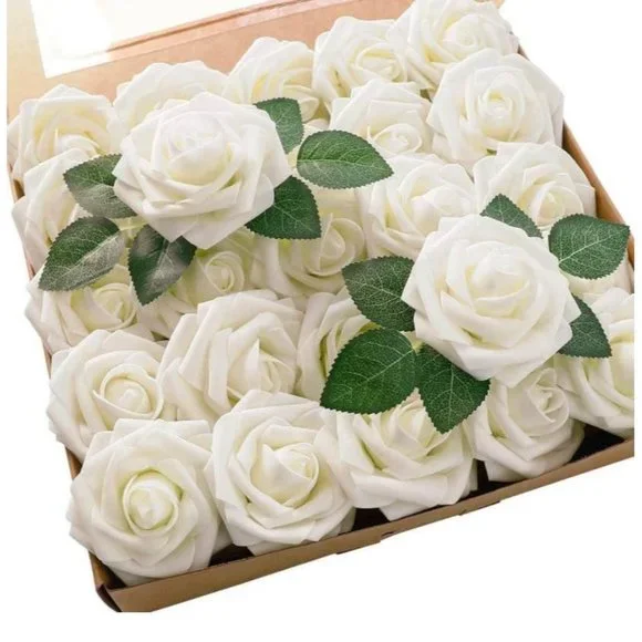 25 count | Ling’s Ivory Roses Faux Flowers Wedding Floral Bouquet Cream