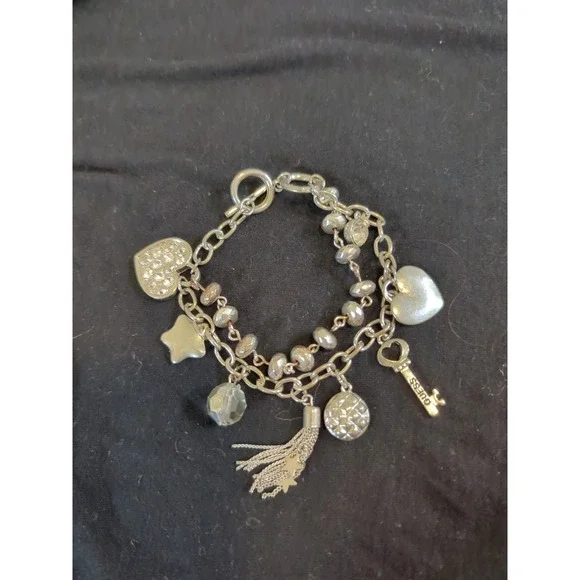 Vintage GUESS Double Strand Silver‎ Toned Charm Bracelet