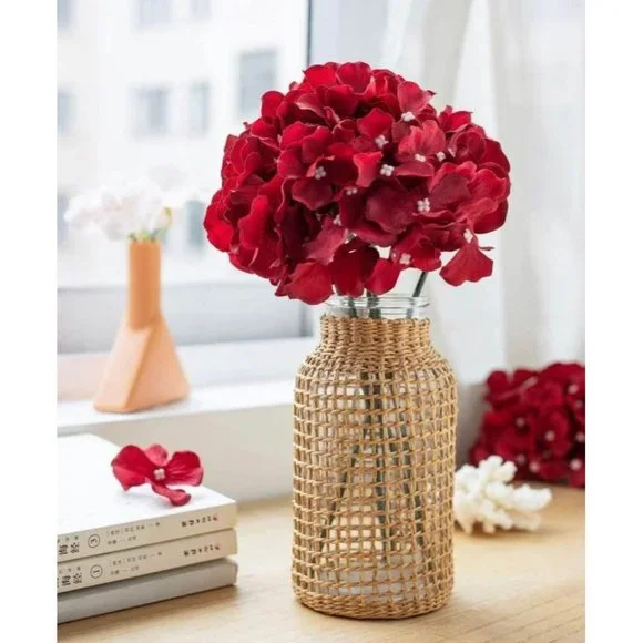10 pack | Dark Red Silk Hydrangea Flower Stems Home Decor Wedding Bouquet Center