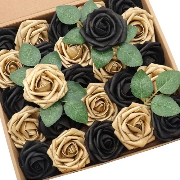 25 Count | Burgundy & Black Roses Wedding Bouquet Flowers Centerpiece Decor
