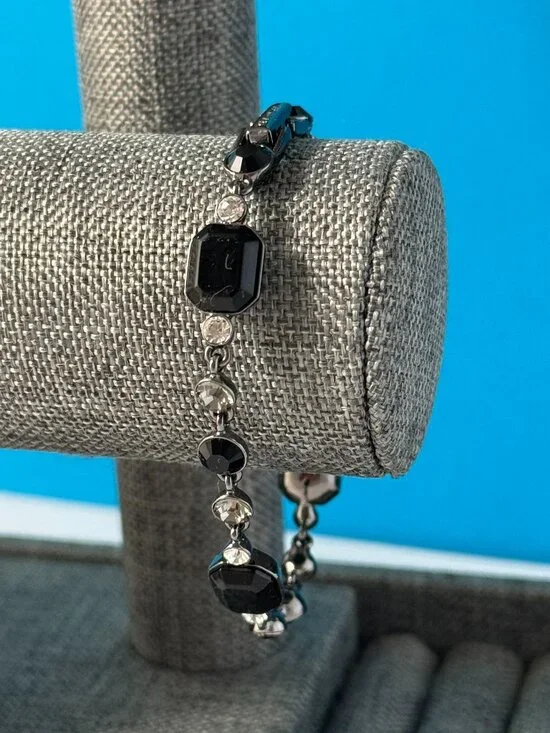 Givenchy Gunmetal Tone Black & Clear Crystal Link Bracelet 7