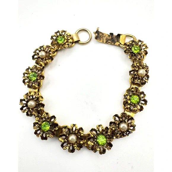 Vintage Flower Bracelet Gold Tone Filigree Green Rhinestone Faux Pearl 7