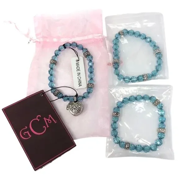 Garold C.‎ Miller Friends Heart Locket Aqua Faceted Bead Stretch Bracelets NEW