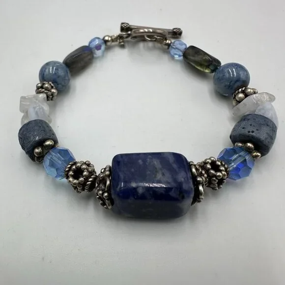 Artisan Beaded Bracelet Blue Glass Stone Beads Sterling Silver Toggle 6.75