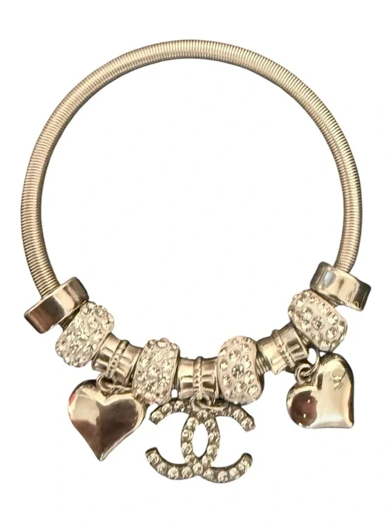 Silver-Tone Charm Bracelet with Crystal C Logo and Heart Charms