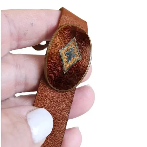 Vintage Austria Artisan Boho Tribal Bracelet Leather Brass Copper Wood Grain