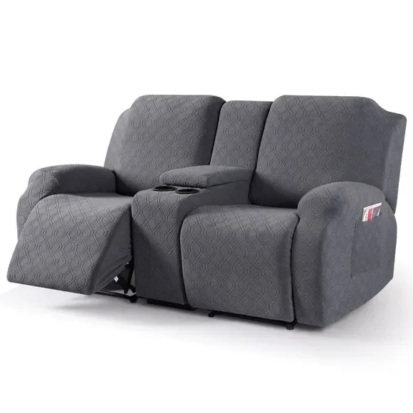 Recliner Loveseat Cover + Middle Console Stretch 2 Seat Slipcover (Dark Gray)