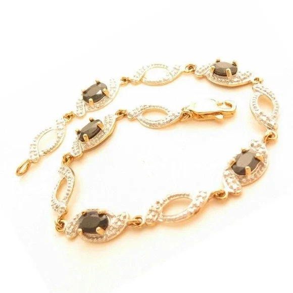 Sterling Silver Black Onyx Two‎ Toned Yellow Gold Vermeil Bracelet*7.25