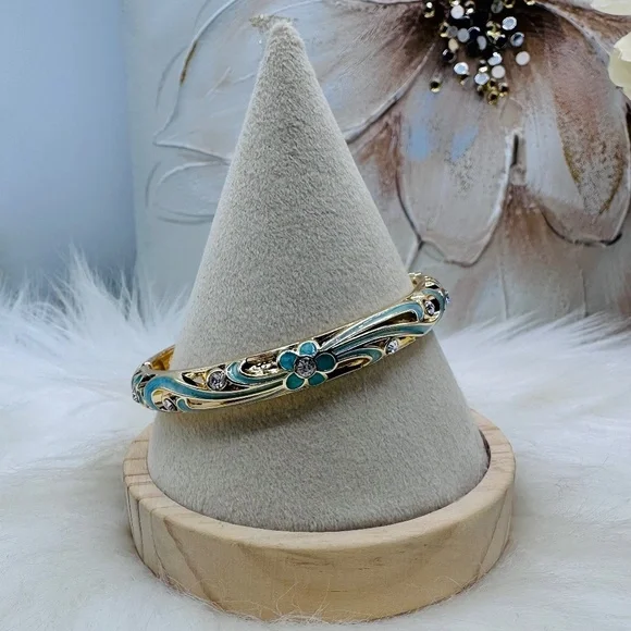 Teal Flower Enamel Cloisonne Bracelet Bangle Style 1