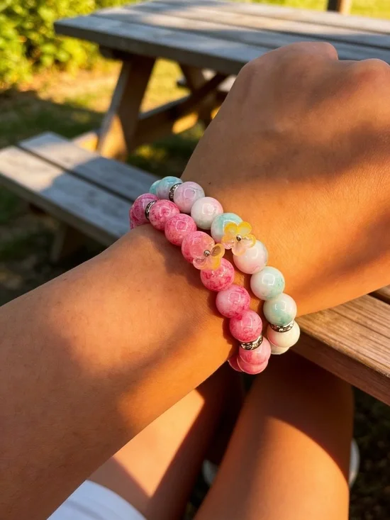 Pink & Turquoise Beaded Stretch Bracelet Set with Flower Charms | Stackable
