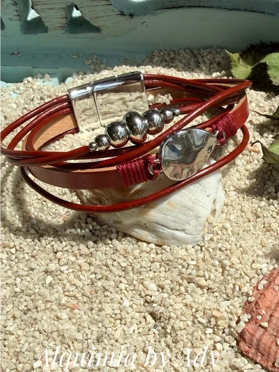 Alquimia Red Multi-Strand Leather Bracelet with Silver Accents