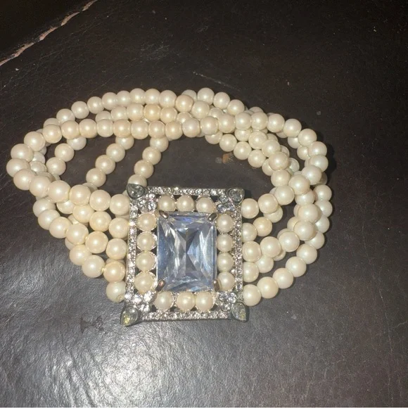 Carolee 5 Stranded Tiny Faux Pearl & Stone Stretch Bracelet- Silver Tone