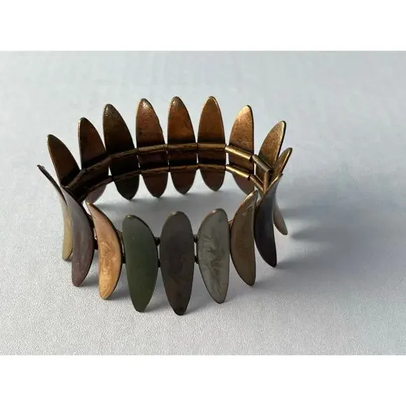 VTG Copper Tone Enamel Convex Panels Stretch Bracelet Boho MCM Tribal