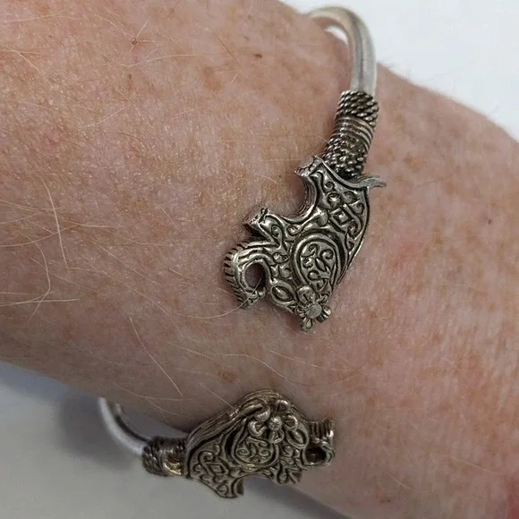QVC Sterling Silver .925 Elephant Bypass Cuff Bracelet Antiqued Ornate Filigree