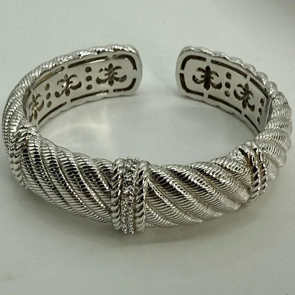 Vintage Judith Ripka Sterling Silver Cuff Bracelet with White Crystals 6.5”