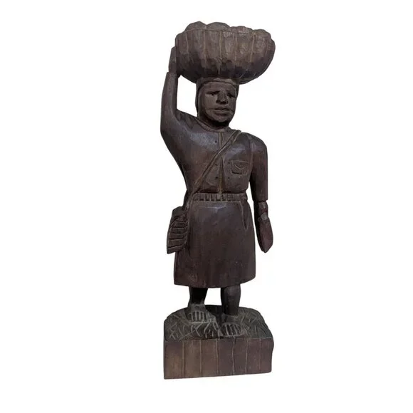 Vintage 1960s Hand Carved‎ Gum Wood Statue Market Woman Basket Head Folk Art