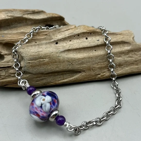 Silver and Purple Beaded Bracelet