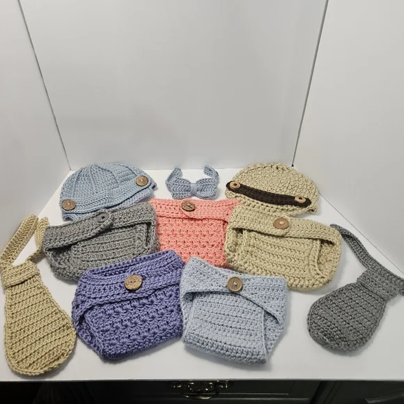 Various Handmade Crochet Baby Diaper Covers, Newsboy Hats, & Ties
