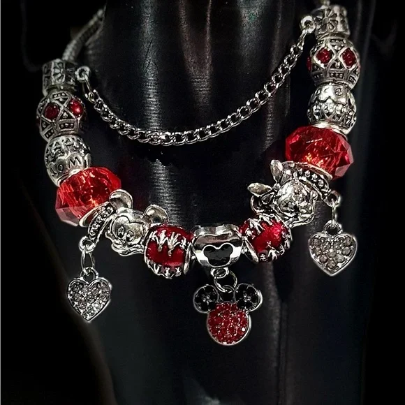 Elegant Silver and Red Charm Bracelet