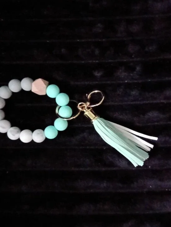 Aqua and White Beaded Keychain Bracelet with Tassel & Bracelet