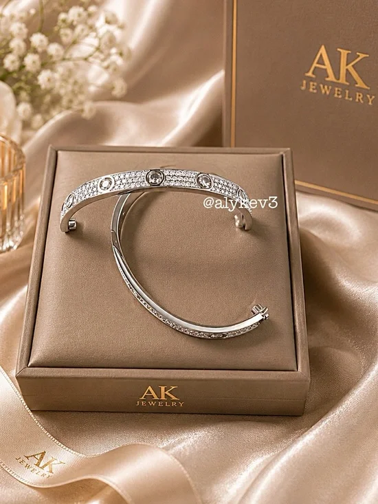 💎LUXURY White Gold Screwdriver Pave CZ Diamond Style Design Bracelet, Bangle