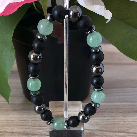 Natural Green Aventurine Stone Stretchable Hematite Round Beaded Bracelet