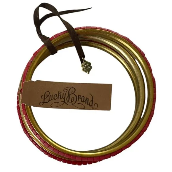LUCKY BRAND Goldstone Red Beads Studded 3 Piece Bangle Bracelet