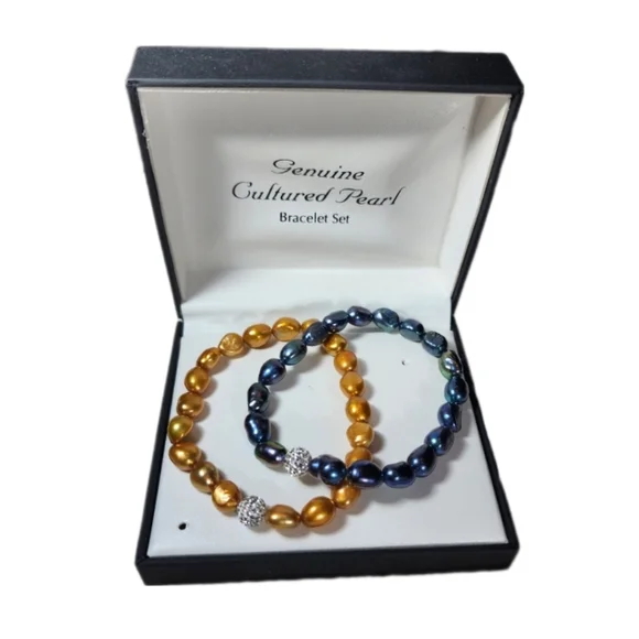 Bracelet Cultured Pearl Blue and Gold with Rhinestones Set
