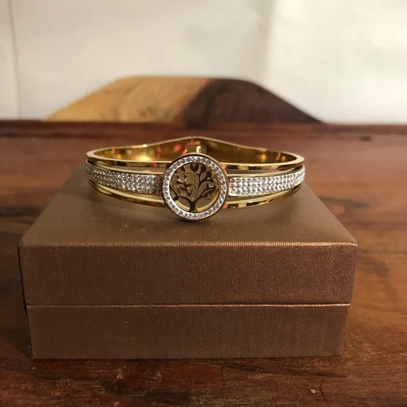 Women Gold Plated Tree of Life Bracelet Cubic Zirconia Cuff Bangle Elegant Gift