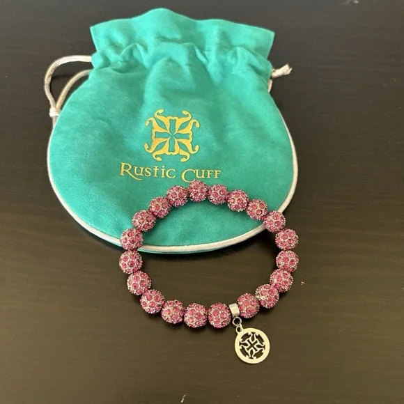 Rustic Cuff Pink Emerson Stretch‎ Bracelet Sparkly Beads Silvertone Logo Charm