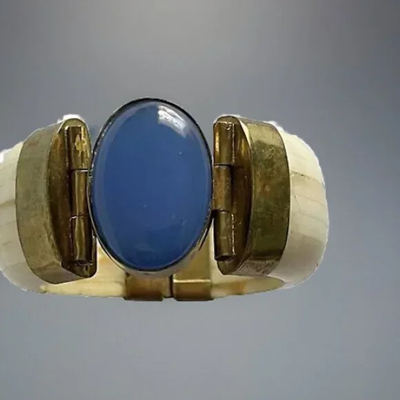 Vintage Bone Brass Agate Bracelet Blue Tribal Bangle Hinge Statement Chunky Boho