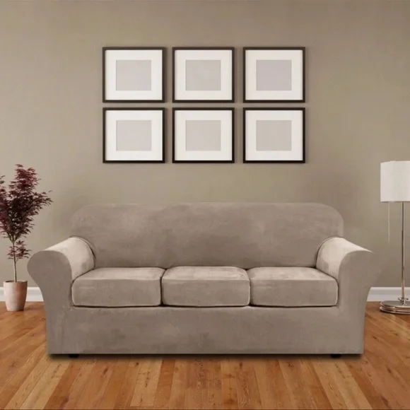 Elegant Velour Beige Stretchy Sofa Cover