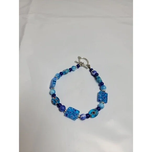 Blue Millefiori Style Beaded Bracelet Silver Tone Toggle Clasp Boho Jewelry