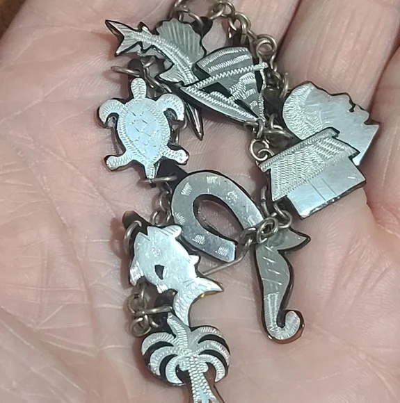Silver Tone Charm Bracelet with Tropical Motifs, 7 Inches