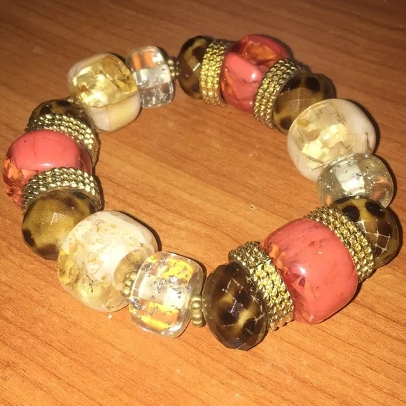 Vintage Chunky Elastic Bracelet Orange, Brown, Clear and Gold