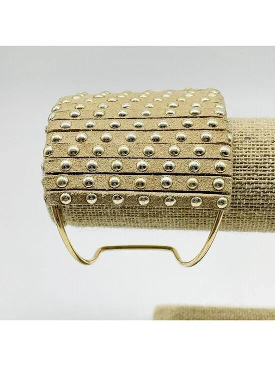 Wide Studded Cuff Bracelet Tan Faux Suede Gold Tone Boho Statement