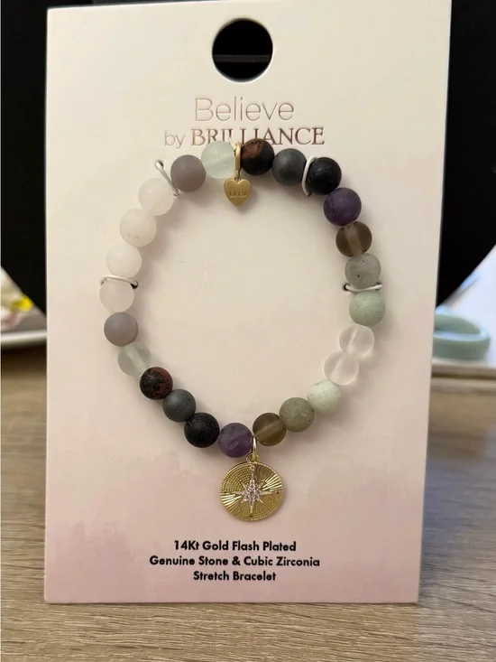 Believe by Brilliance Genuine Stone Stretch Bracelet CZ Charm NWT
