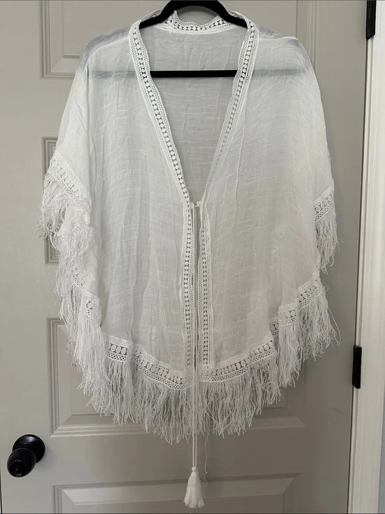 White Fringe Cotton Blend Poncho Kimono Cover Up NWT OS