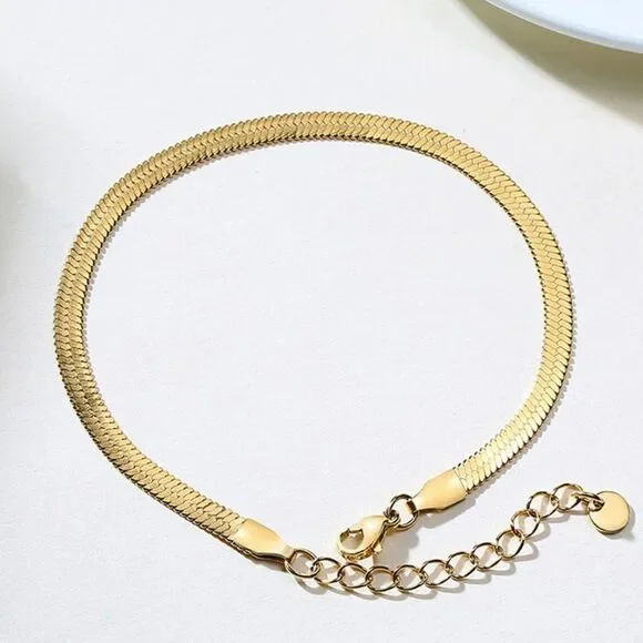 Gold Herringbone Flat Snake Chain Bracelet 4mm