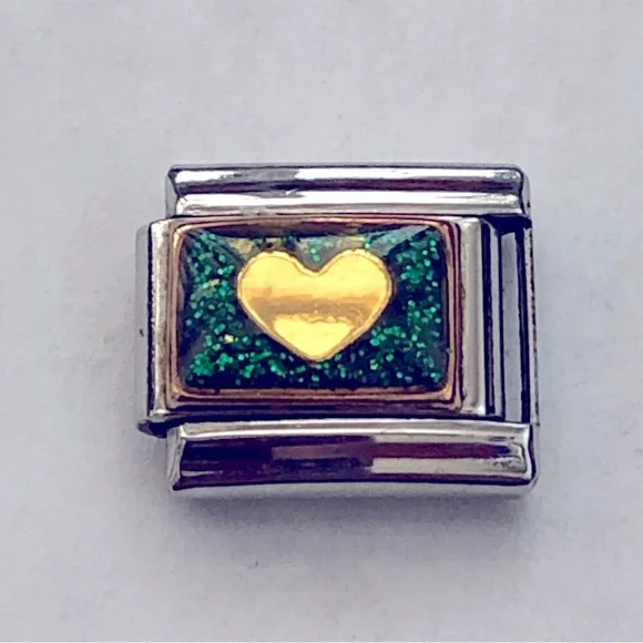 gold heart with glittery green background charm link for Italian charm bracelet