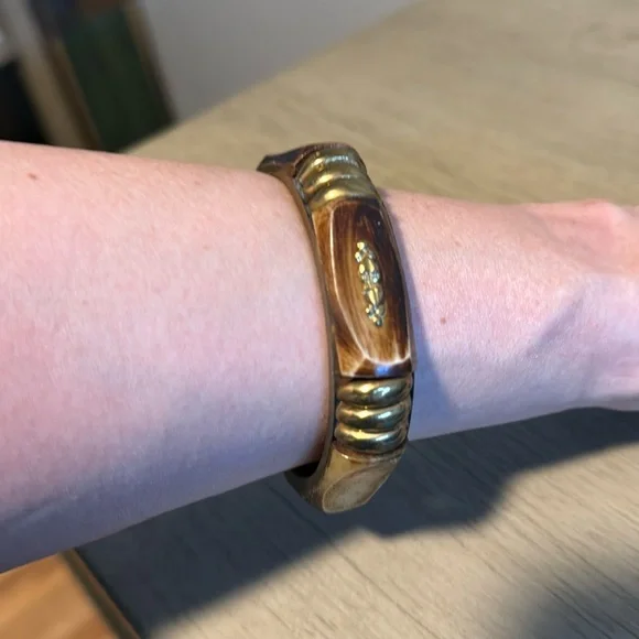 Vintage Plastic Bangle Bracelet, Wood, Metal, Brown, Bronze, Retro, Boho