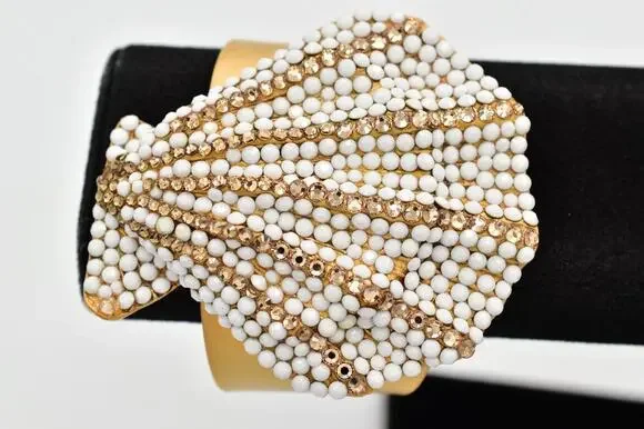 Vintage Crystal Clamshell Seashell Cuff Bangle Bracelet Brushed Gold Heavy Bin4