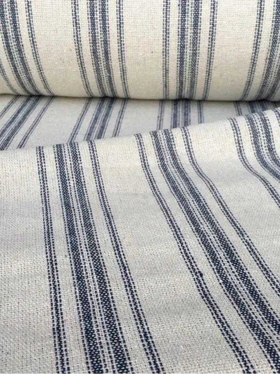 Vintage inspired Grain Sack Fabric Yard Blue Ivory Striped Natural 70% Cotton