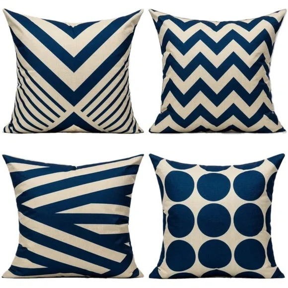 Set Of 4 Pieces Pillow Covers Navy Tan 18x18”